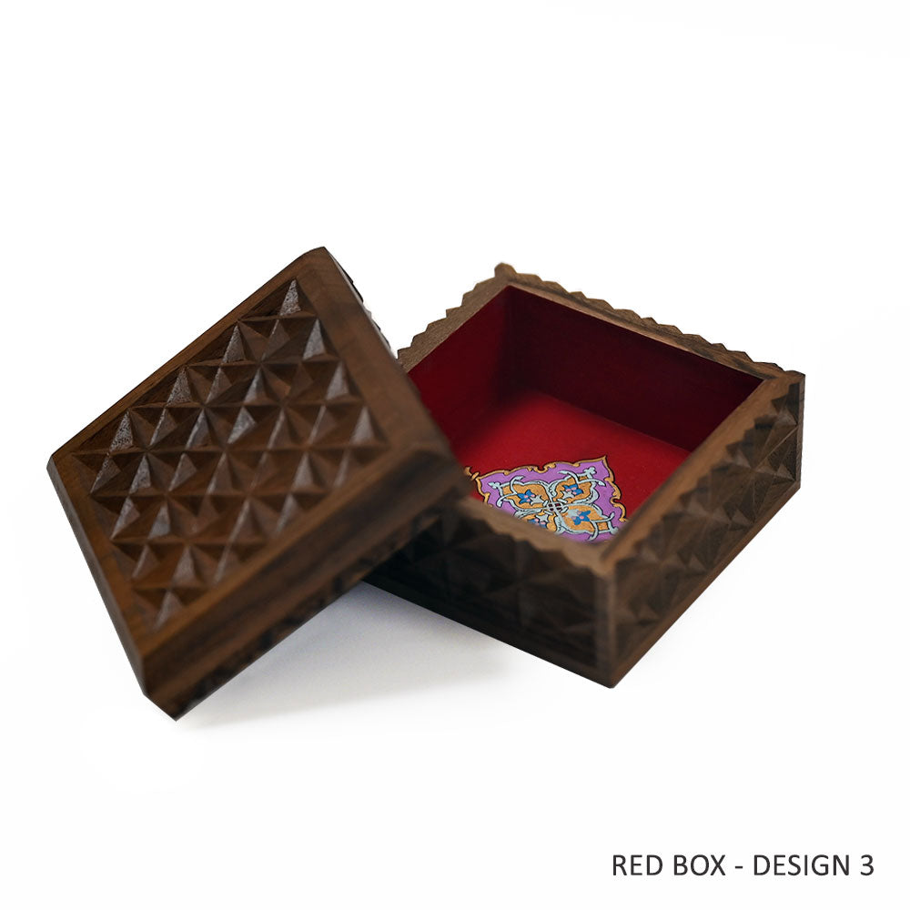 Red Painted Hand-Carved Wooden Square Gift Box