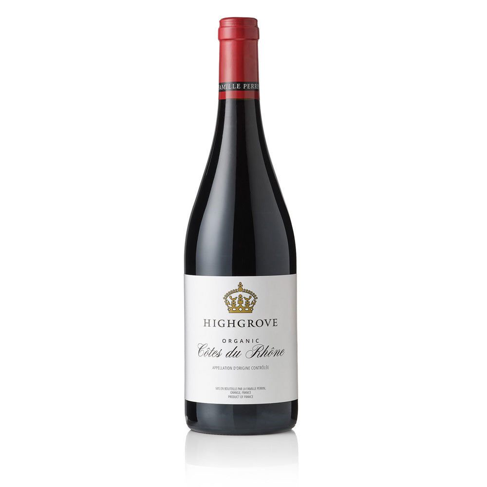 A bottle of Highgrove Organic Côtes du Rhône red wine, featuring a dark glass bottle, a white label with a gold crown logo, and a red foil capsule at the neck, set against a plain white background.