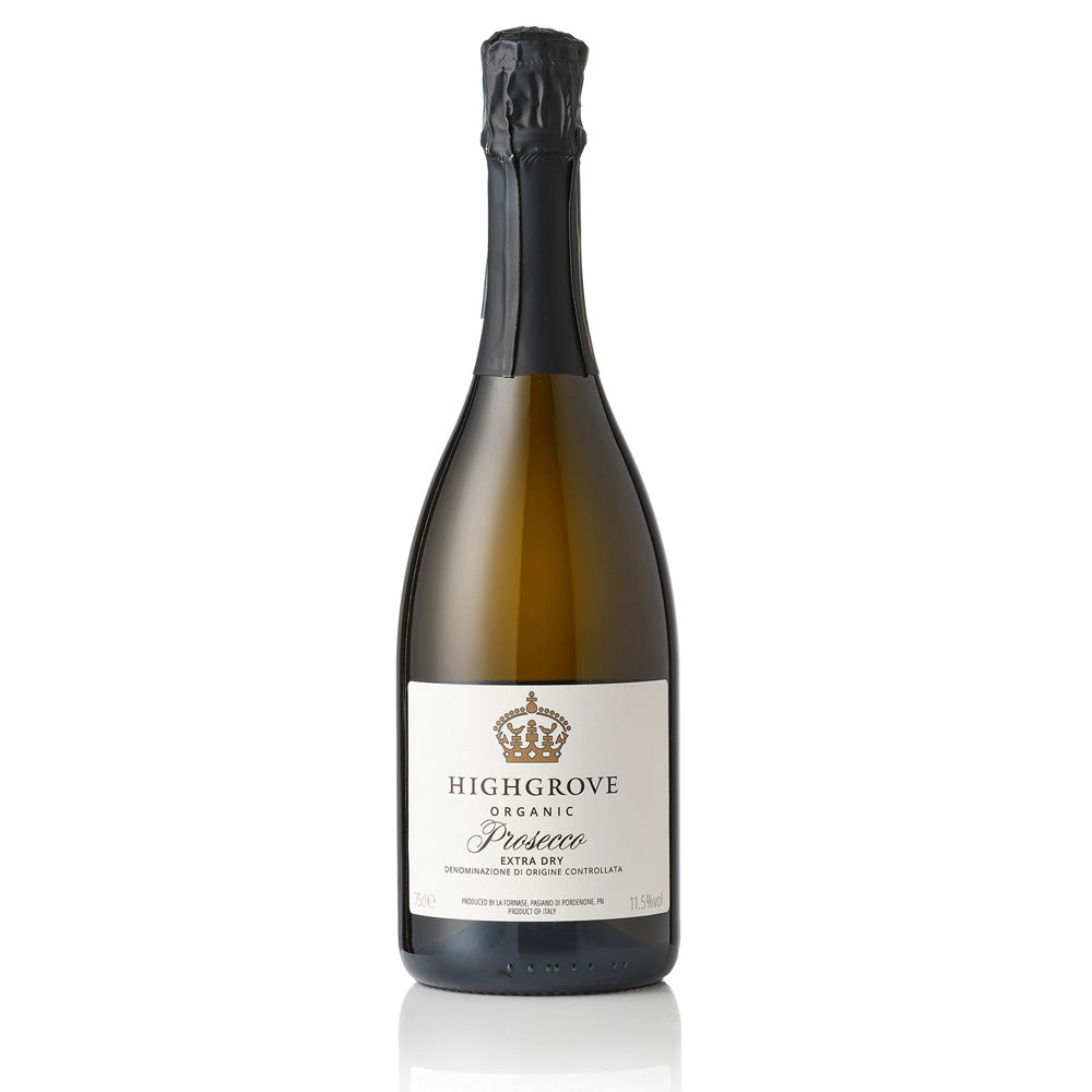 Bottle of Highgrove Organic Prosecco Extra Dry on a white background