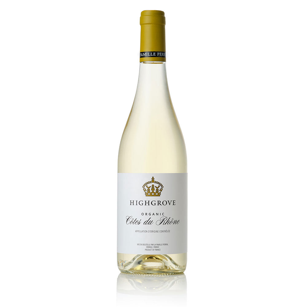 A bottle of Highgrove Organic Côtes du Rhône white wine, featuring a white label with a gold crown logo and a gold foil capsule, set against a plain white background with a soft reflection.