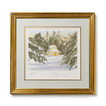 Framed artwork of 'The Sanctuary' at Highgrove showing a snowy landscape with trees and a house.