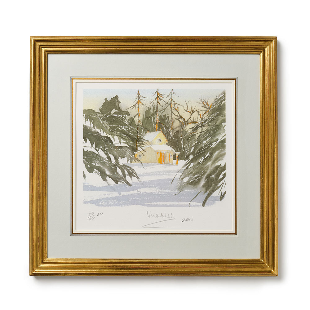 Framed artwork of 'The Sanctuary' at Highgrove showing a snowy landscape with trees and a house.