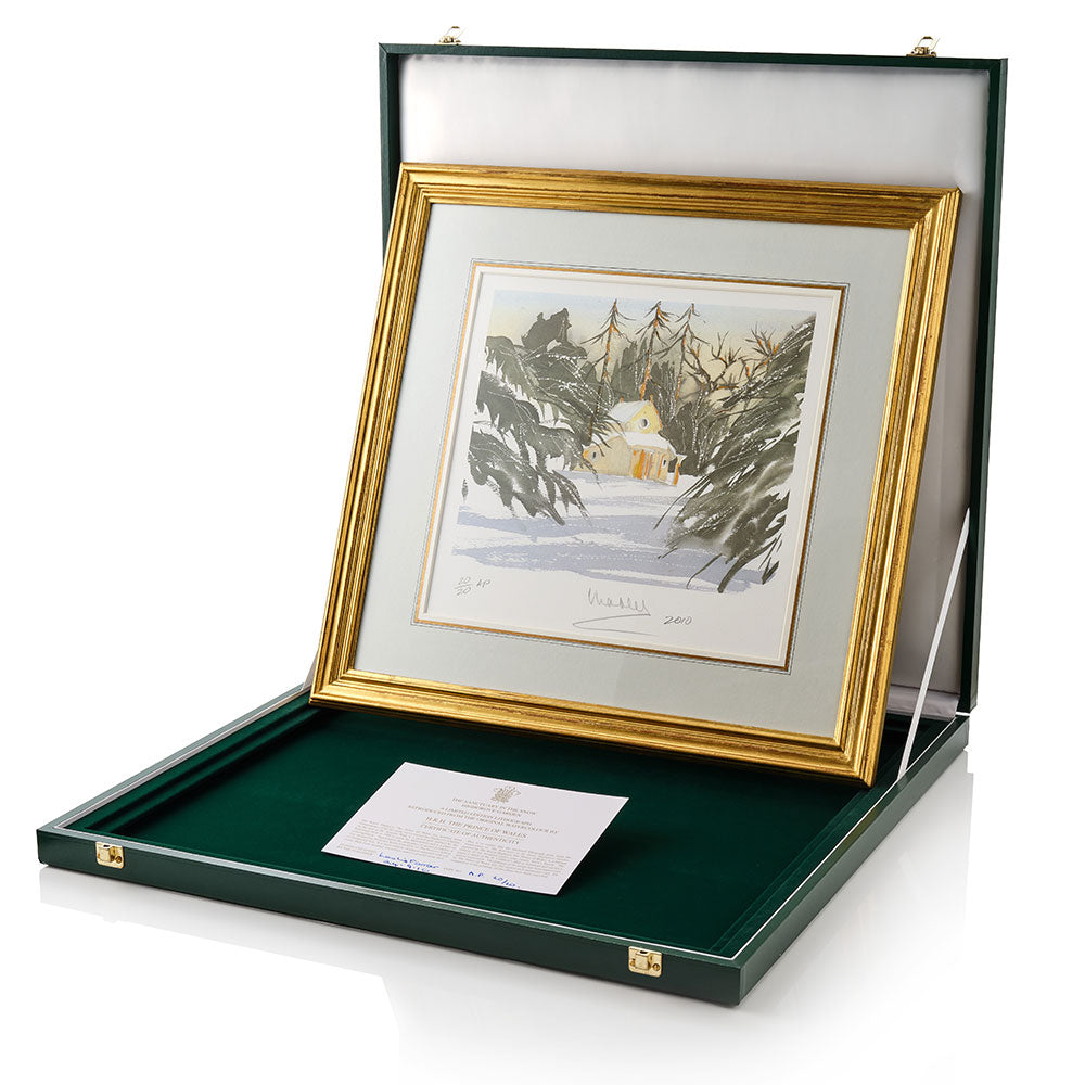 Framed 'The Sanctuary' artwork with a gold border in a green display case on a white background