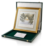 Framed 'The Sanctuary' artwork with a gold border in a green display case on a white background