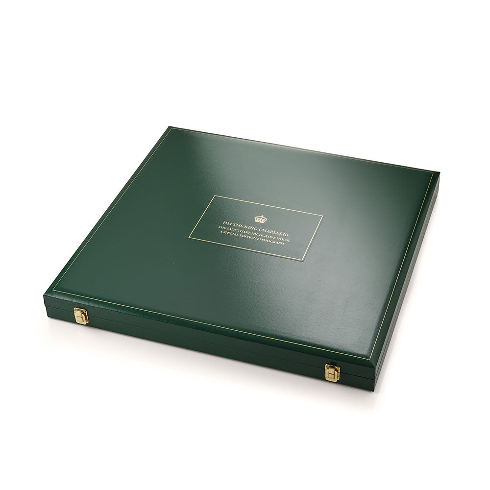 Green leather case with gold accents on a white background