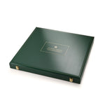 Green leather case with gold accents on a white background