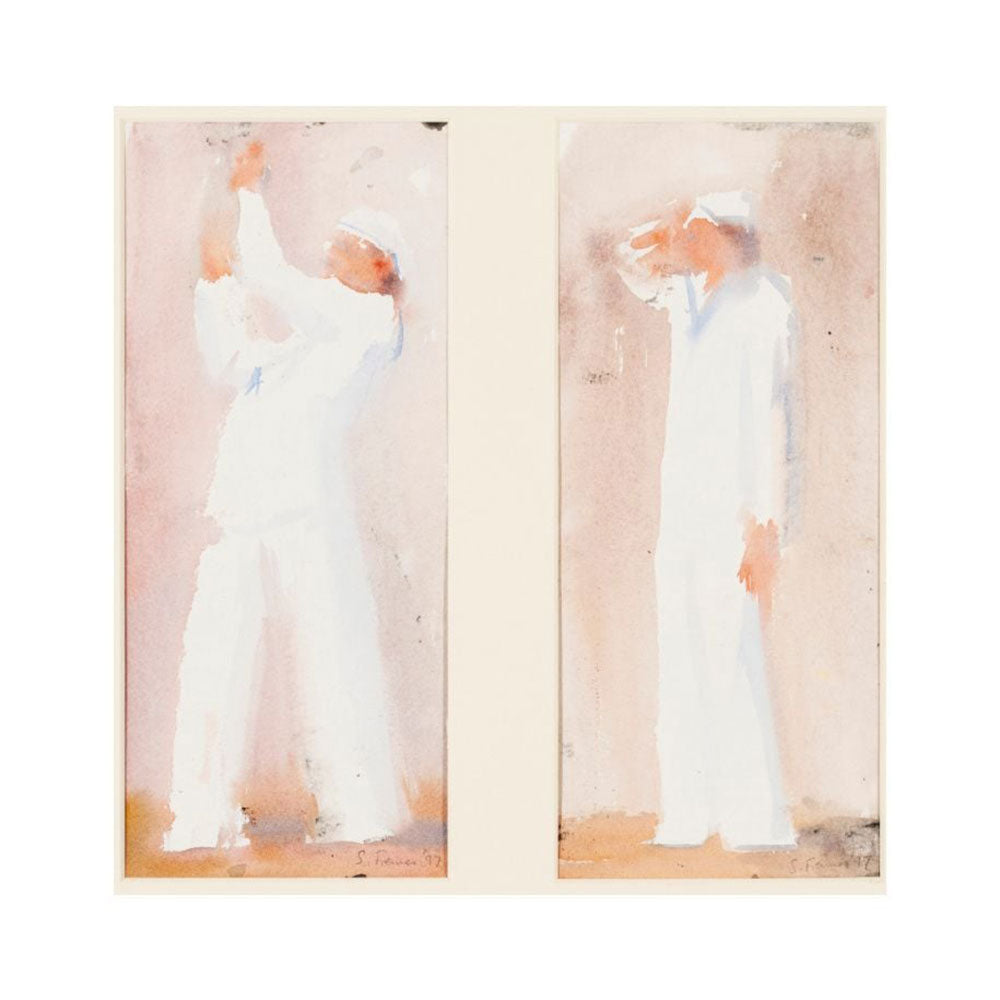 Two images of a person in a white outfit with a blurred background