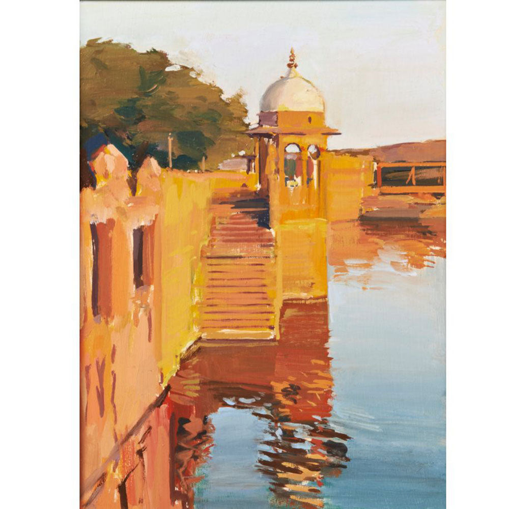 Painting of a temple reflection in water with a white dome.