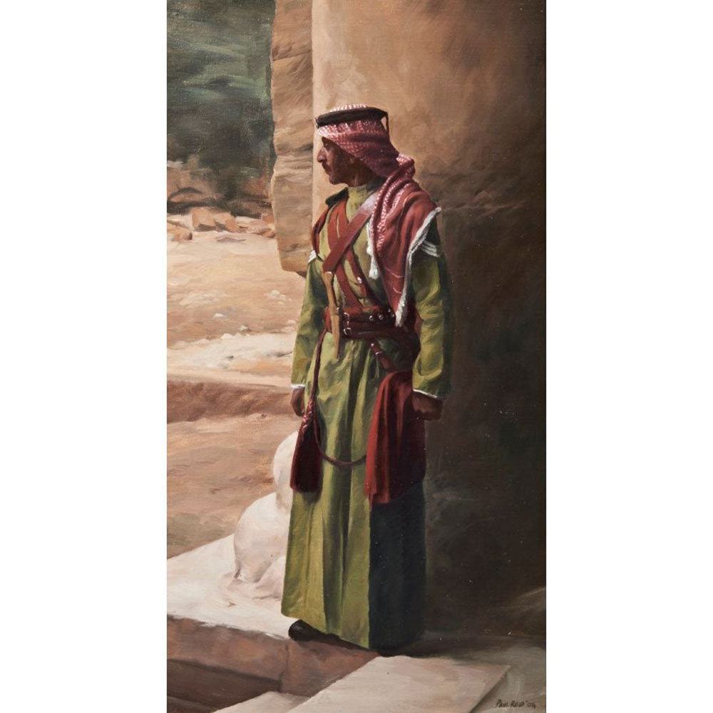 Painting of a man in traditional Middle Eastern attire standing in a desert landscape.