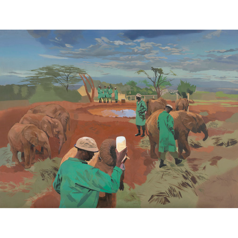 Artistic depiction of people interacting with elephants in a natural setting