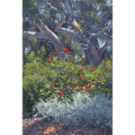 Painting of a forest scene with red flowers and a large tree.