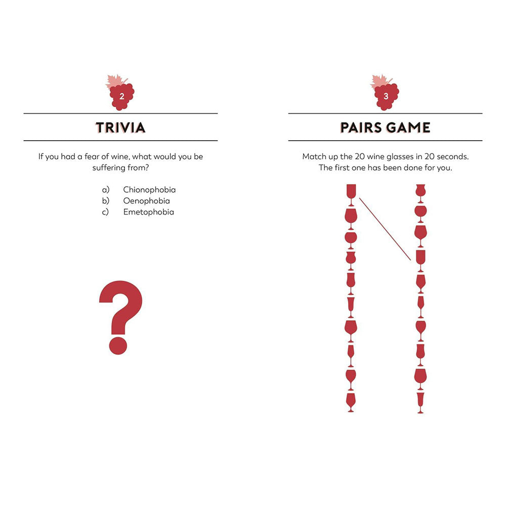 Wine-themed trivia and pairs game on a white background