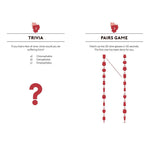 Wine-themed trivia and pairs game on a white background
