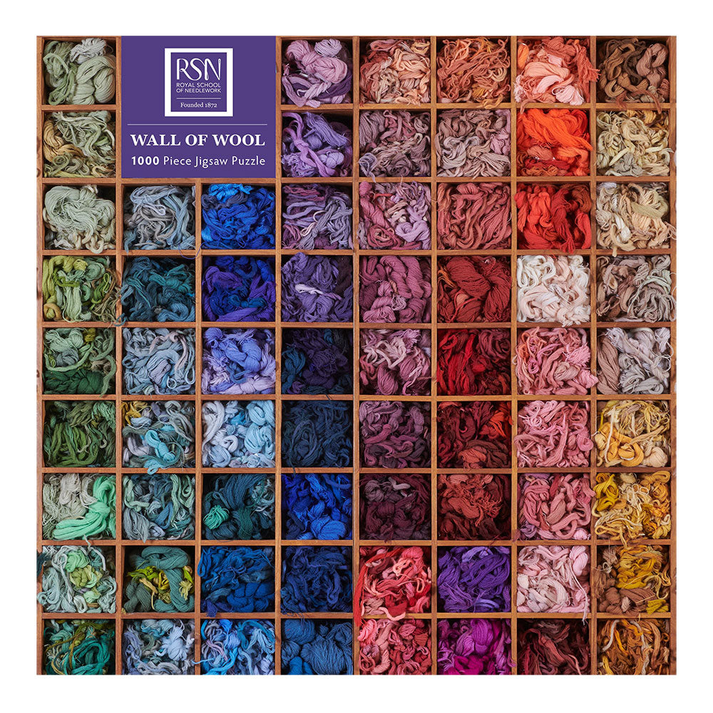 Wall of Wool puzzle with Royal School of Needlework branding and colourful yarn samples.