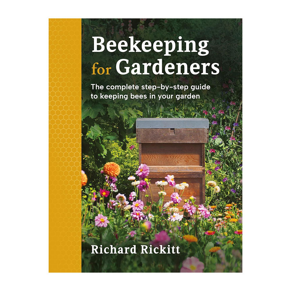 Book cover of 'Beekeeping for Gardeners' with a bee box and flowers on a green background