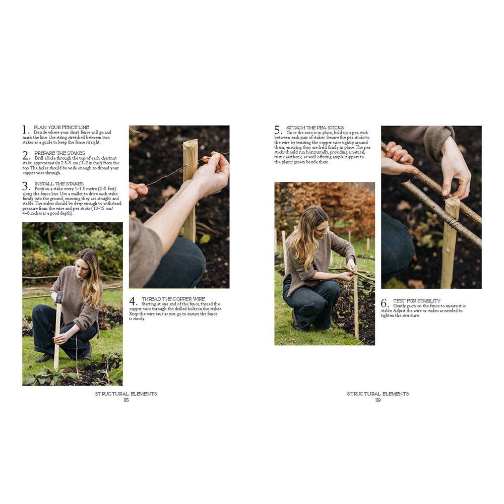 Step-by-step guide on setting up a garden structure with text and images of hands and people working.