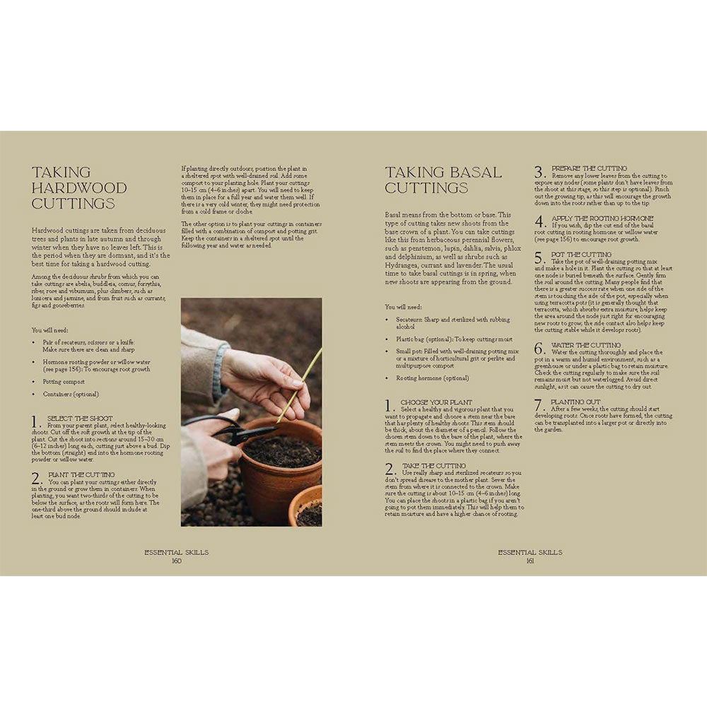 Gardening guide with text and a photo of hands planting a seedling.