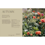 Autumn-themed garden scene with flowers and text on a beige background