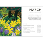 Illustrated page from a gardening book with flowers and text about March.