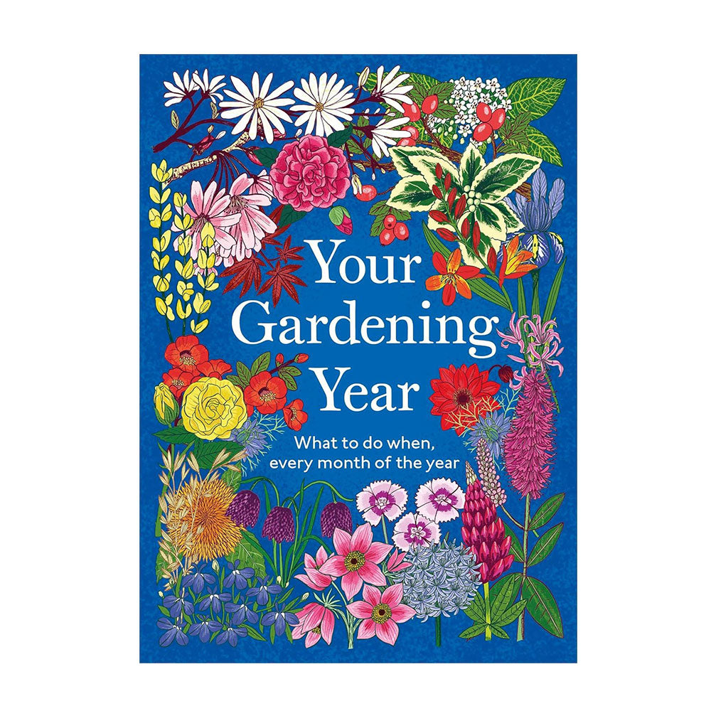 Book cover of 'Your Gardening Year' with colorful floral design on a blue background