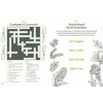 Gardening-themed crossword puzzle and word search on a white background with illustrations of gardening tools and plants.