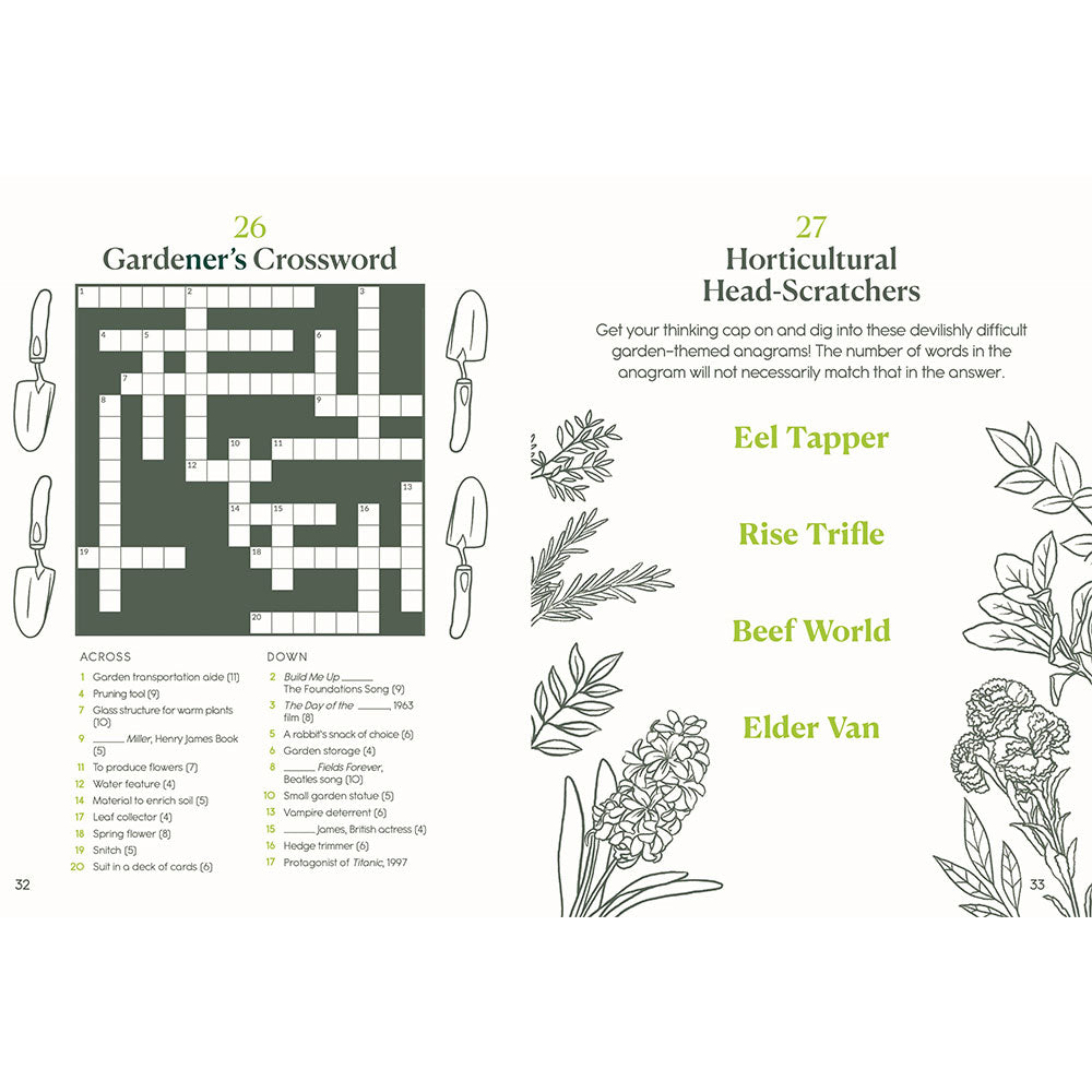 Gardening-themed crossword puzzle and word search on a white background with illustrations of gardening tools and plants.