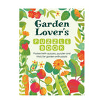 Book cover of 'Garden Lover's Puzzle Book' with colorful illustrations of garden elements on a white background.