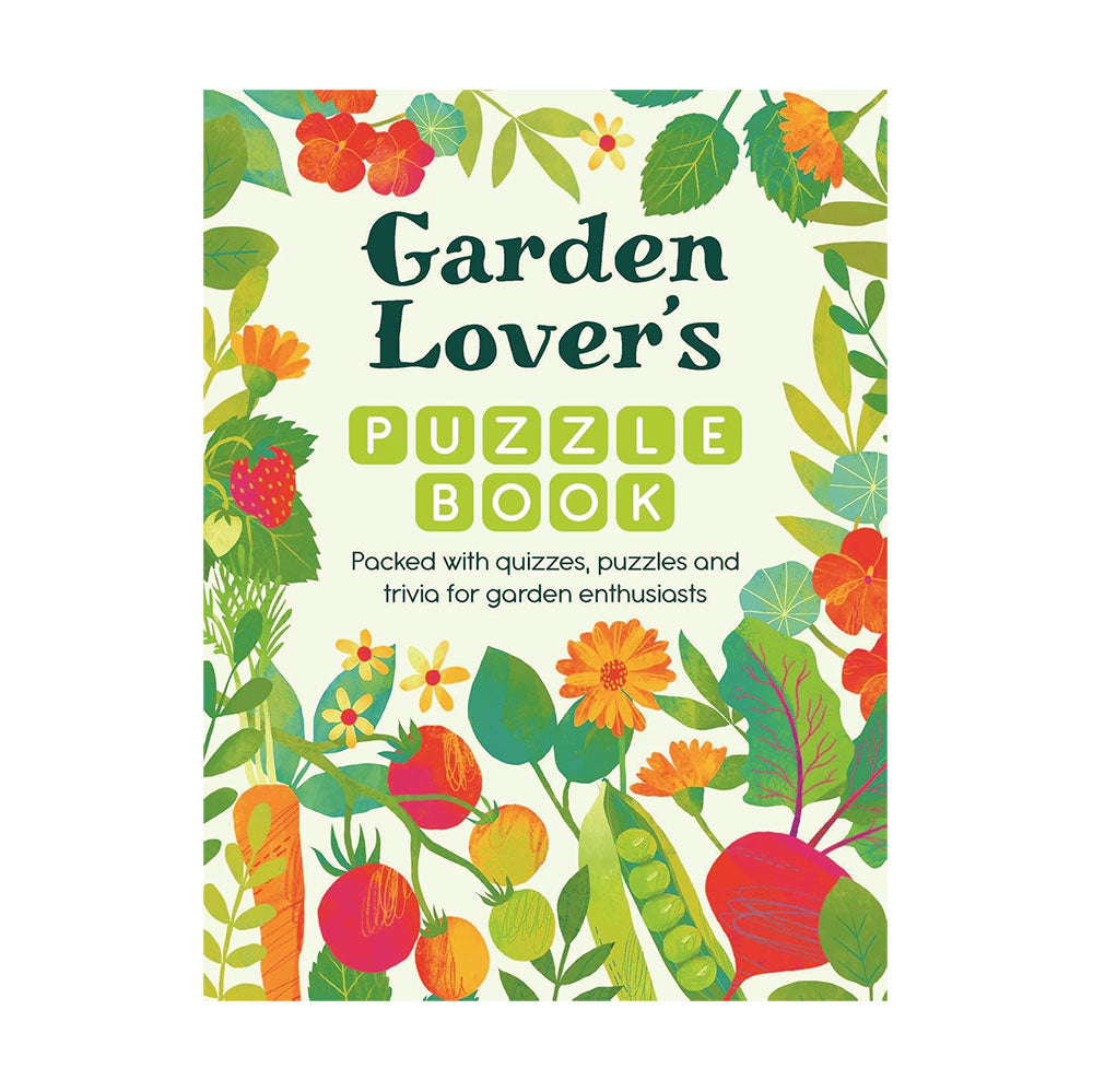 Book cover of 'Garden Lover's Puzzle Book' with colorful illustrations of garden elements on a white background.