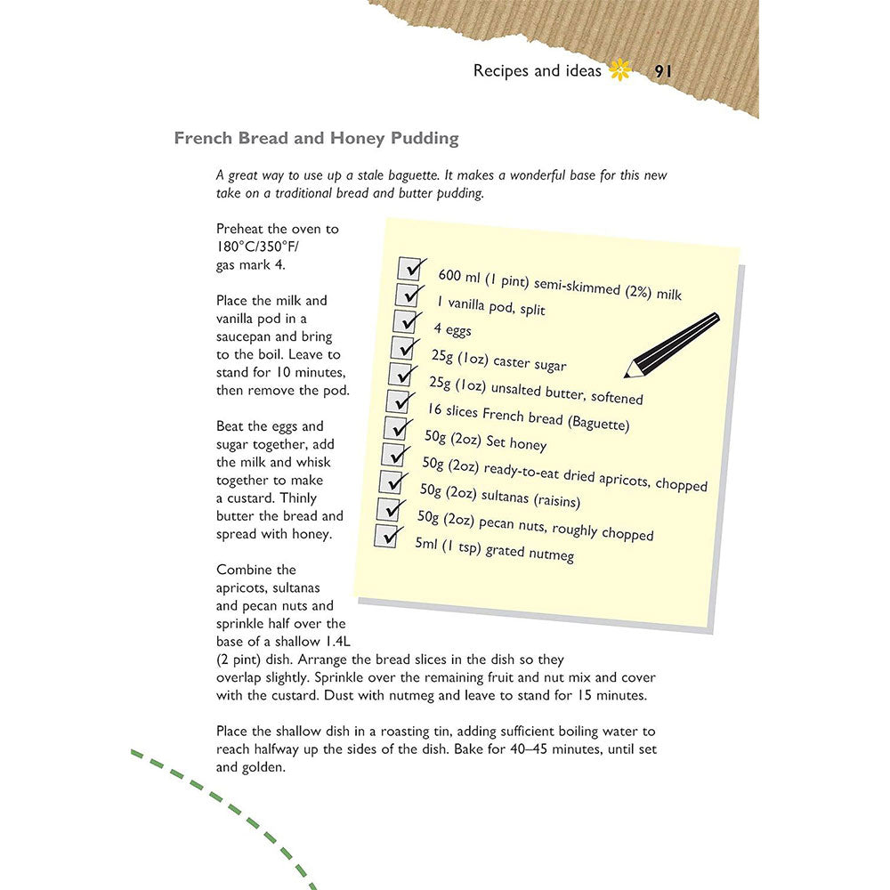 Recipe card for French Bread and Honey Pudding with a yellow sticky note on a white background