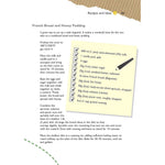 Recipe card for French Bread and Honey Pudding with a yellow sticky note on a white background