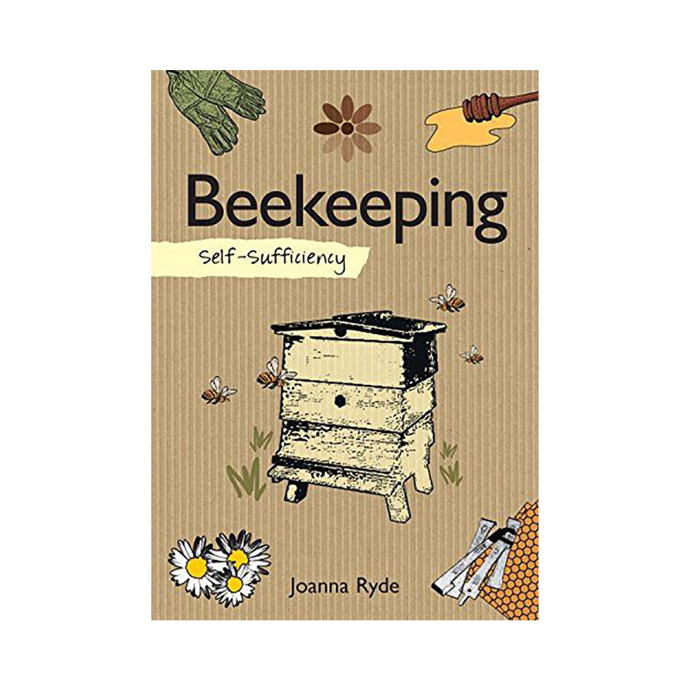 Book cover of 'Beekeeping Self-Sufficiency' by Joanna Ryde with illustrations of a beehive, bees, and flowers on a brown background.
