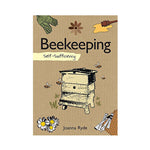 Book cover of 'Beekeeping Self-Sufficiency' by Joanna Ryde with illustrations of a beehive, bees, and flowers on a brown background.