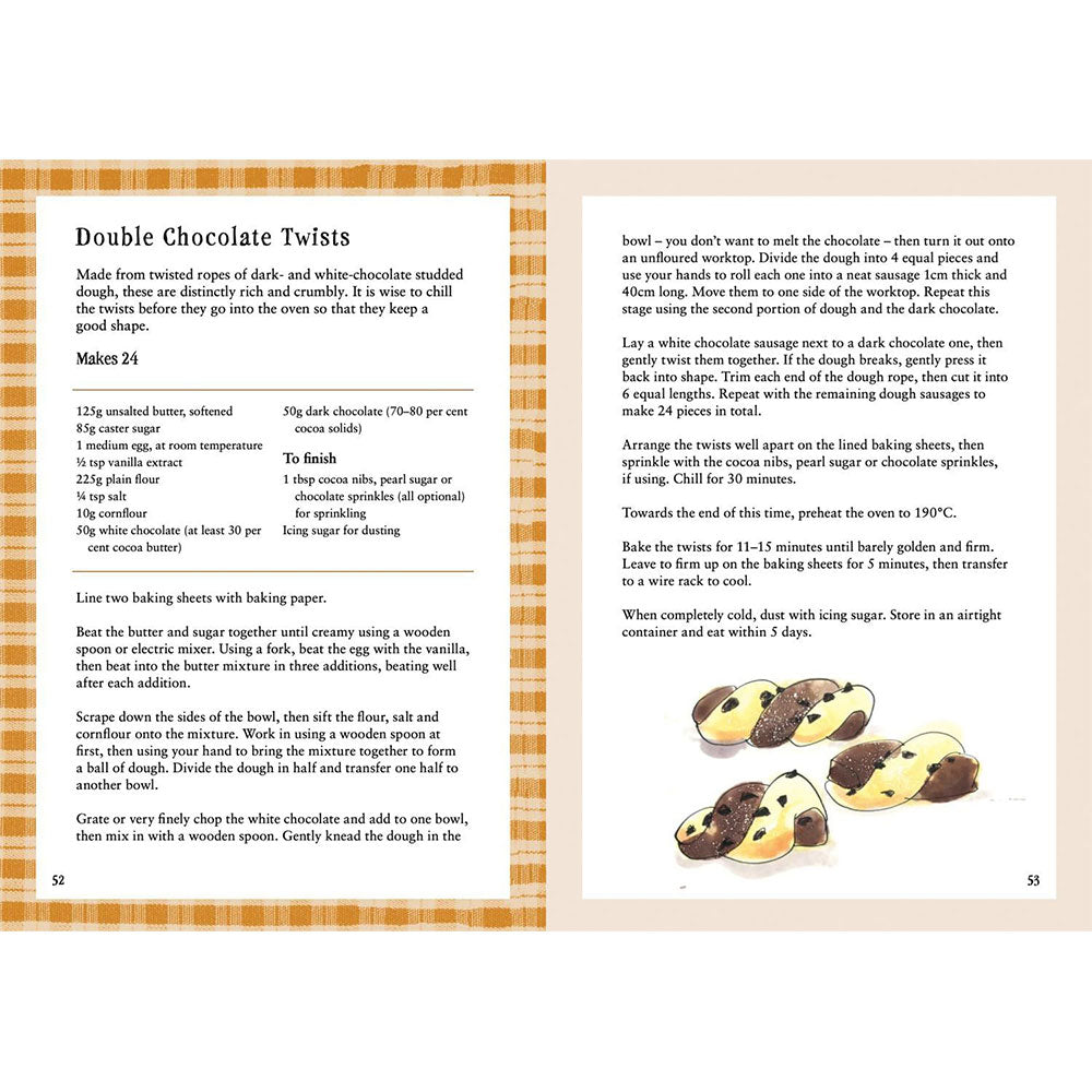 Baking recipe for double chocolate twists with ingredients and instructions on a book page.