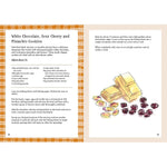 Recipe card for White Chocolate, Sour Cherry, and Pistachio Cookies with ingredients and instructions.