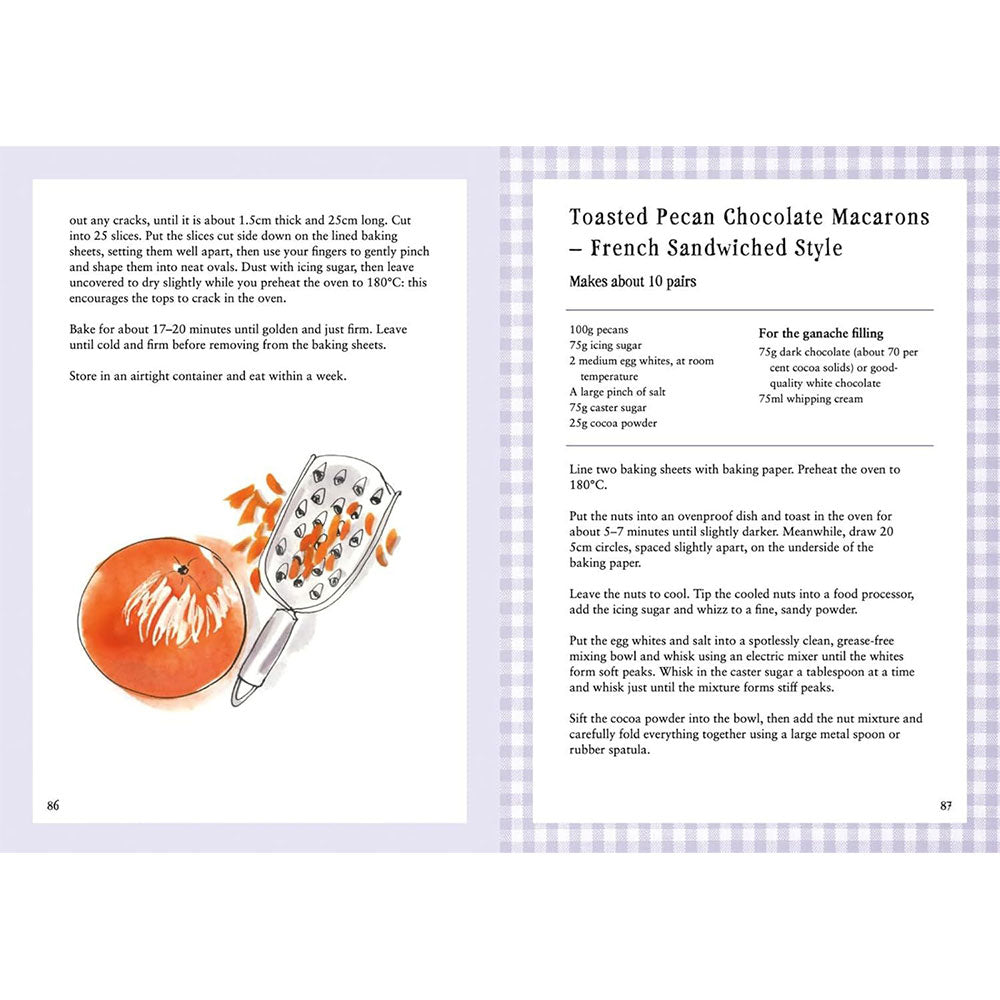 Recipe card for toasted pecan chocolate macarons with a picture of a macaron and a piping bag.