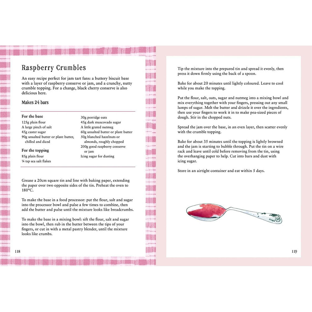 Recipe book page for raspberry crumbles with a spoonful of crumble on a pink background