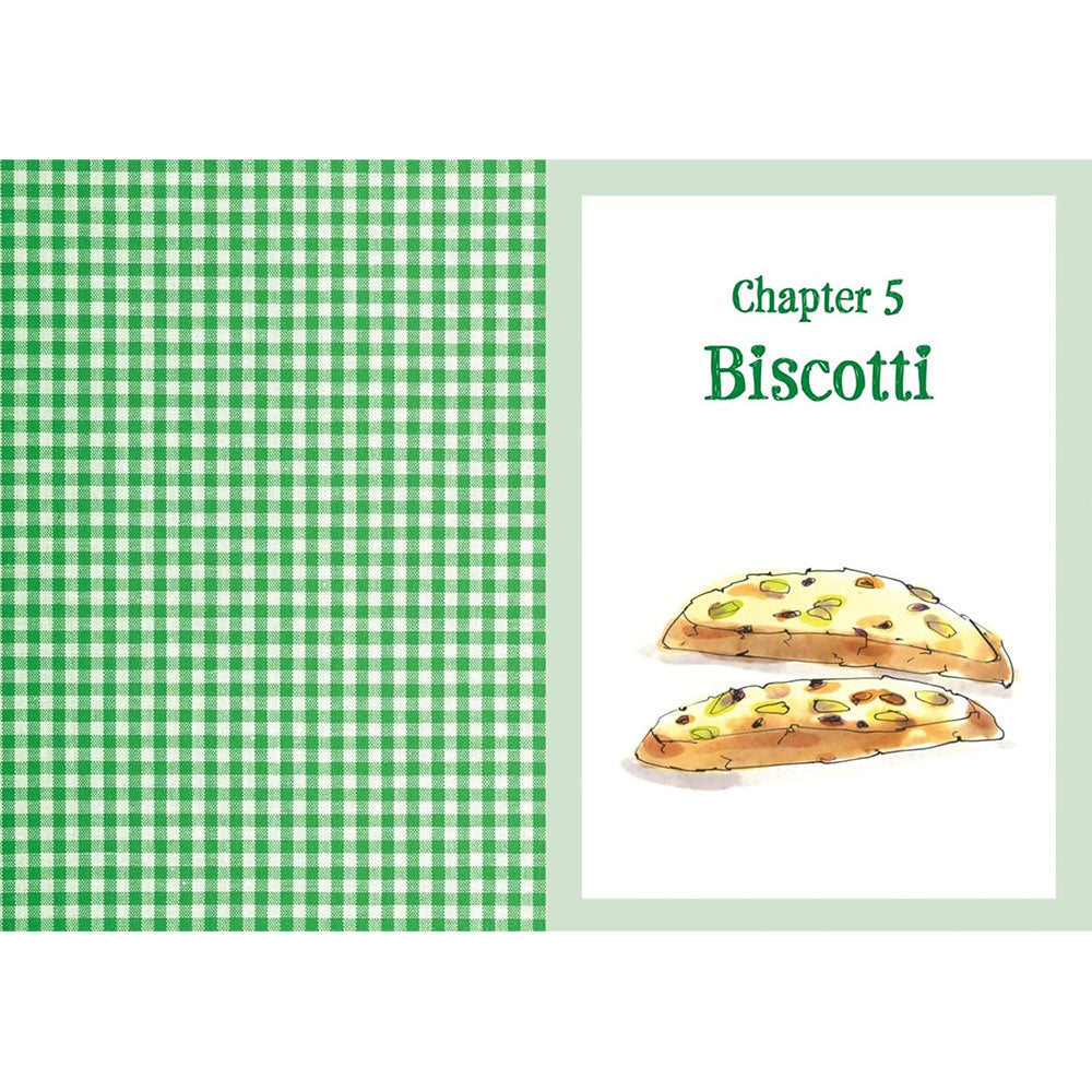 Illustration of biscotti on a green checkered background with 'Chapter 5 Biscotti' text.
