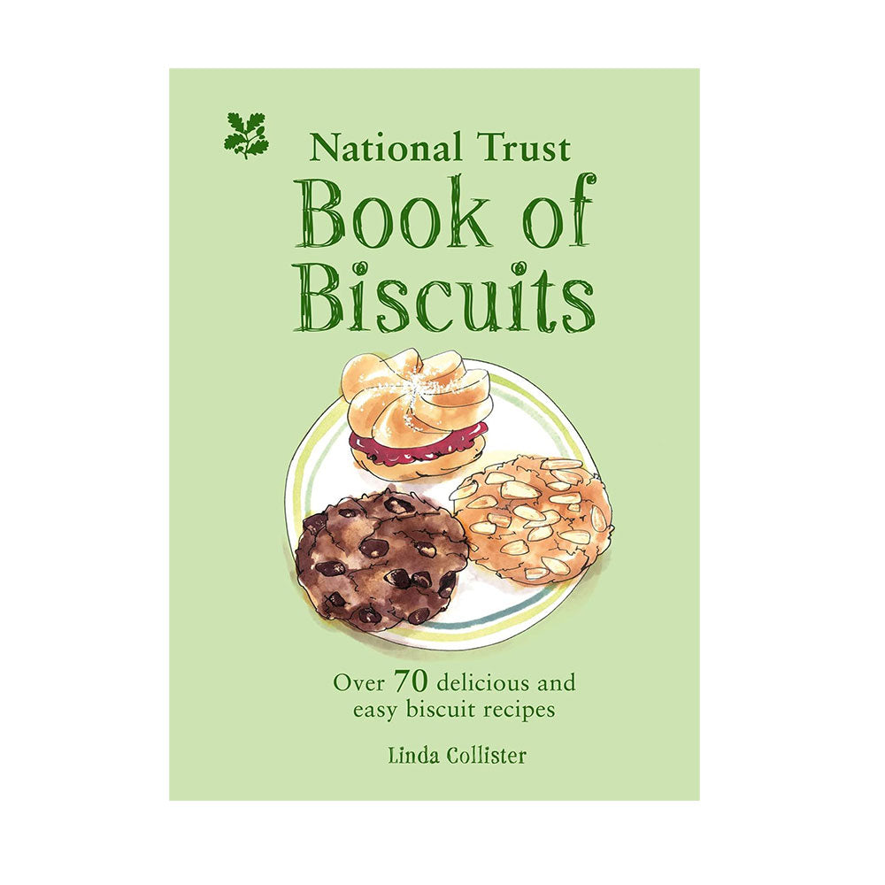 Book cover of 'National Trust Book of Biscuits' with illustrations of cookies on a green background