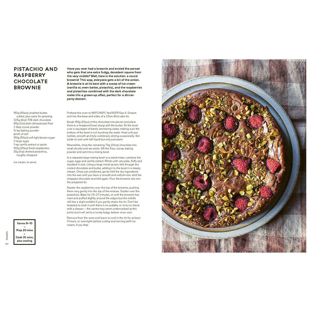 Pistachio and raspberry chocolate brownie in a baking dish with text on the left side.