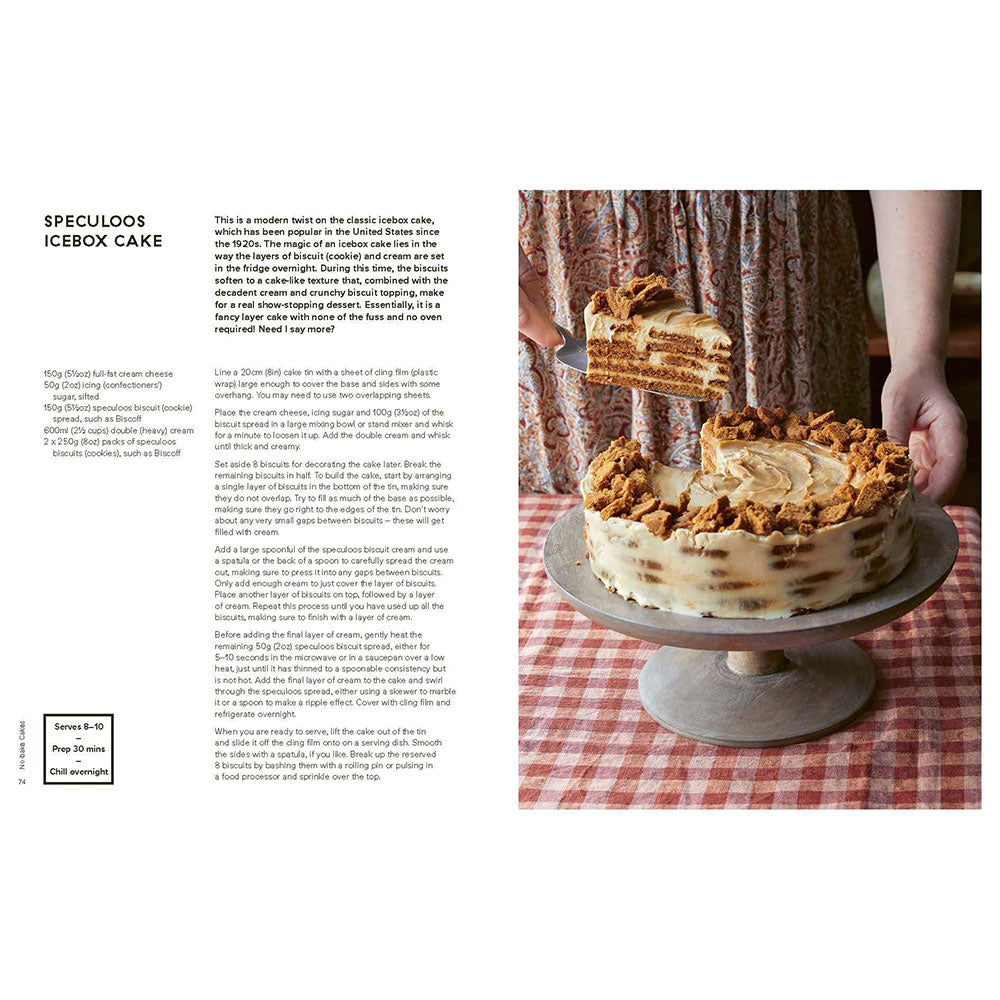 Speculoos icebox cake on a stand with text on the left side