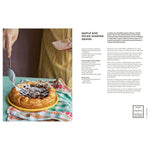 Danish pastry being cut with a knife on a green tablecloth, with text on the right side.