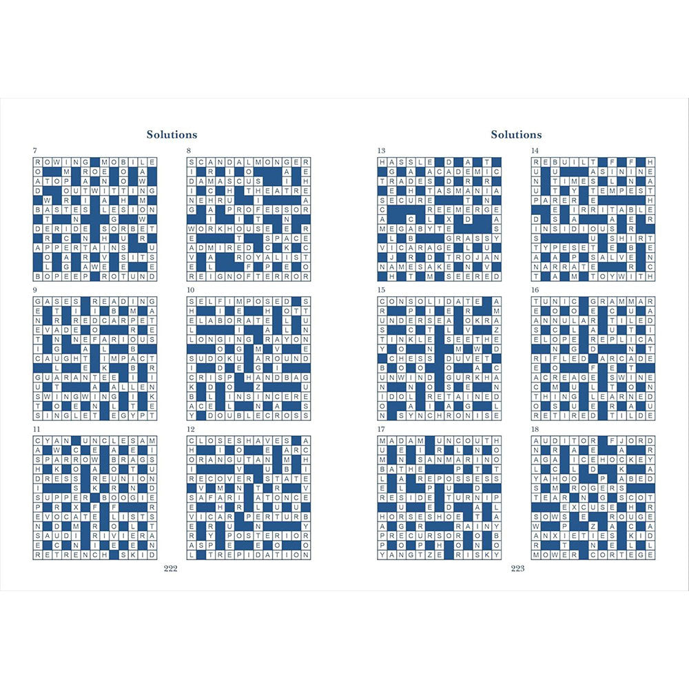 Grid of blue and white crossword puzzle solutions on a white background