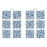 Grid of blue and white crossword puzzle solutions on a white background