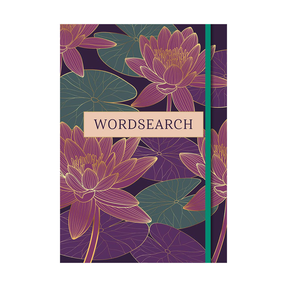 Book cover with floral design and 'WORDSEARCH' text on a purple background