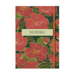 Floral Sudoku notebook with red flowers and green leaves on a white background