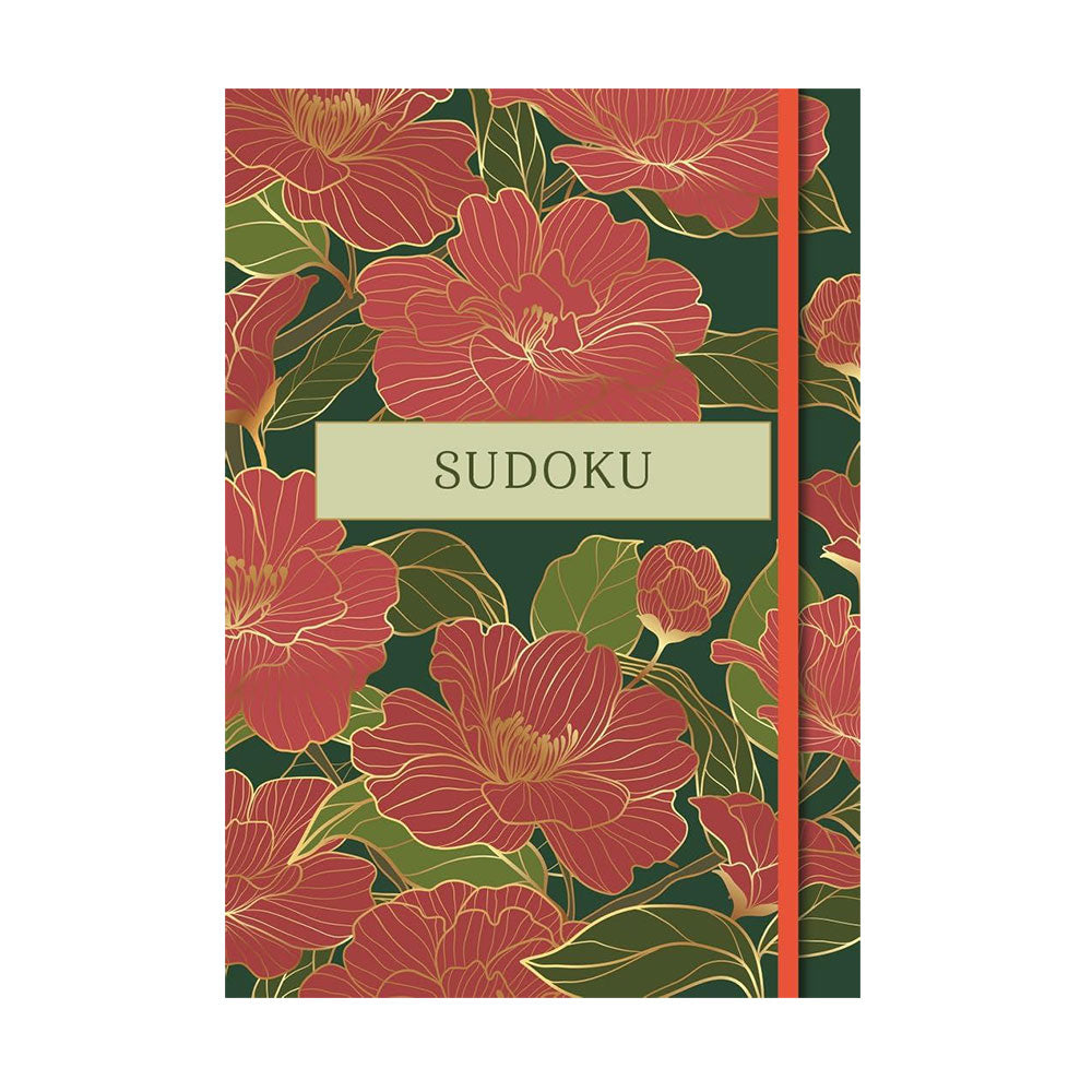 Floral Sudoku notebook with red flowers and green leaves on a white background