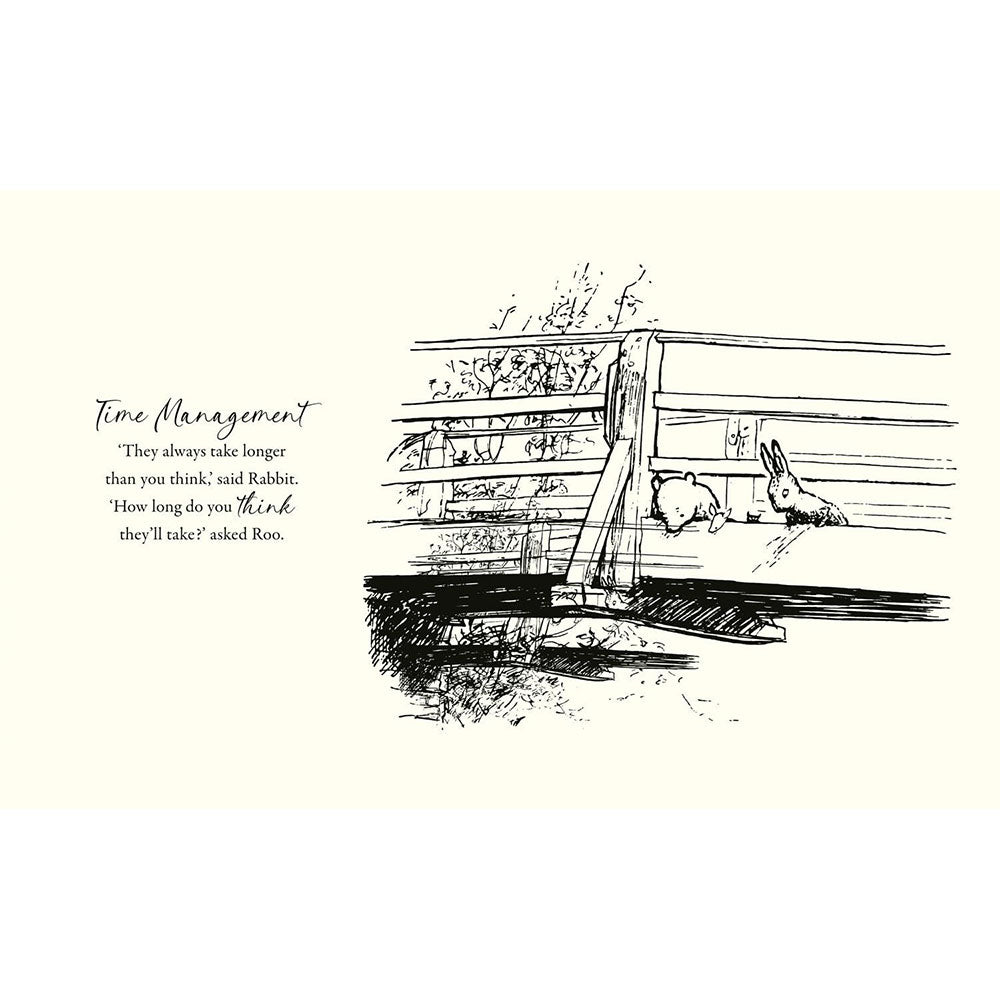 Illustration of two bunnies in a wooden cabin with text about time management.