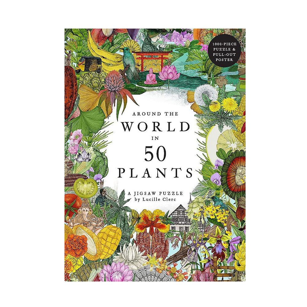 Cover of 'Around the World in 50 Plants' puzzle and full-out poster with colorful plant illustrations.