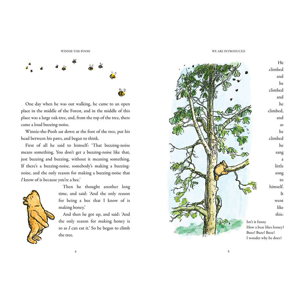Illustrated book page from 'Winnie the Pooh' with text and a tree drawing.