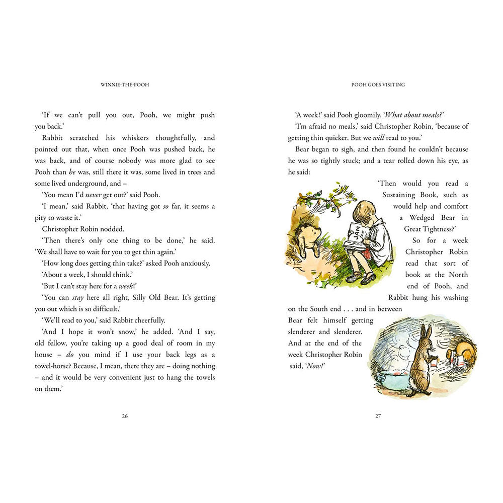 Book pages with text and illustrations of Winnie the Pooh and friends.
